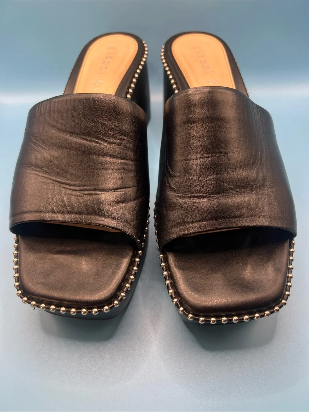 Gianni Bini Roemer Ball Chain Black Platform Slide Mule Chunky Heels Wms 9.5M